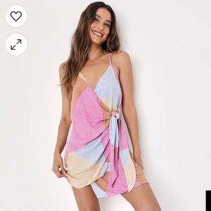 NWT Lulus Marlo Beige Multi Print Wrap Dress